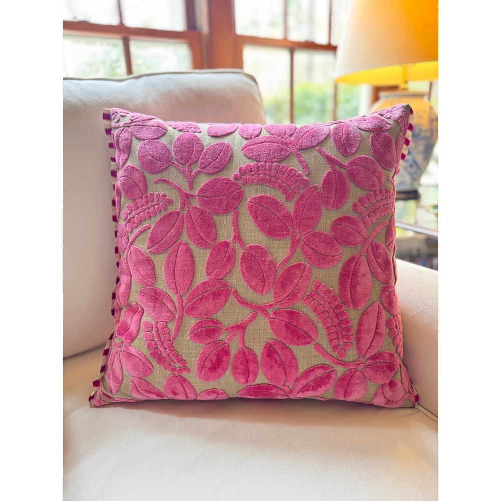 Designers Guild Fuchsia Pink Velvet Floral Striped Reversible Throw Pillow 18x18
